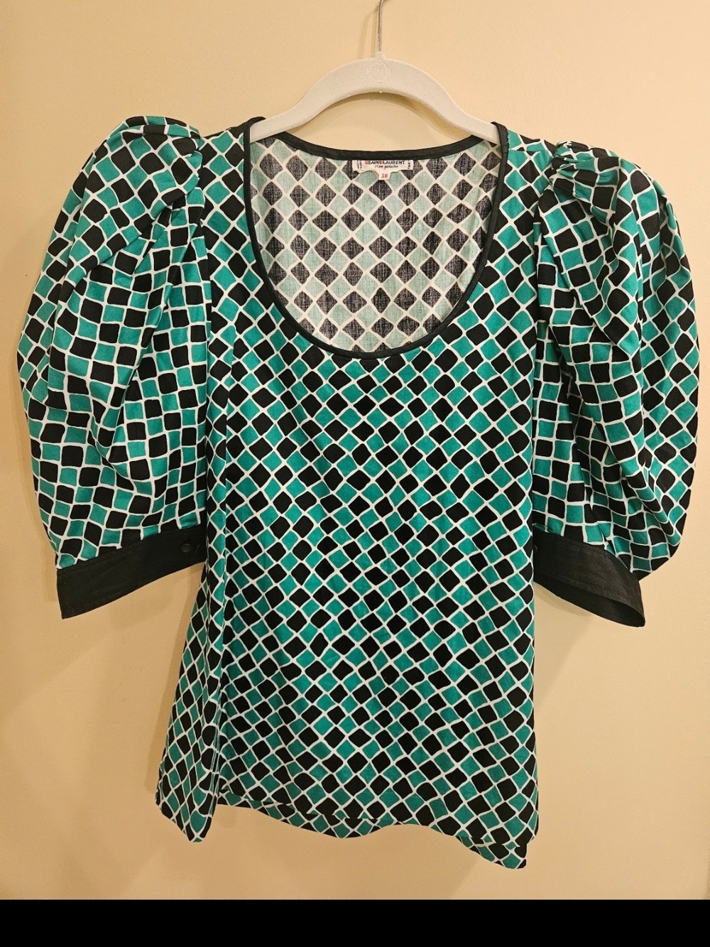 Saint Laurent Vintage Teal and Black Geometric Puff-Sleeve Blouse